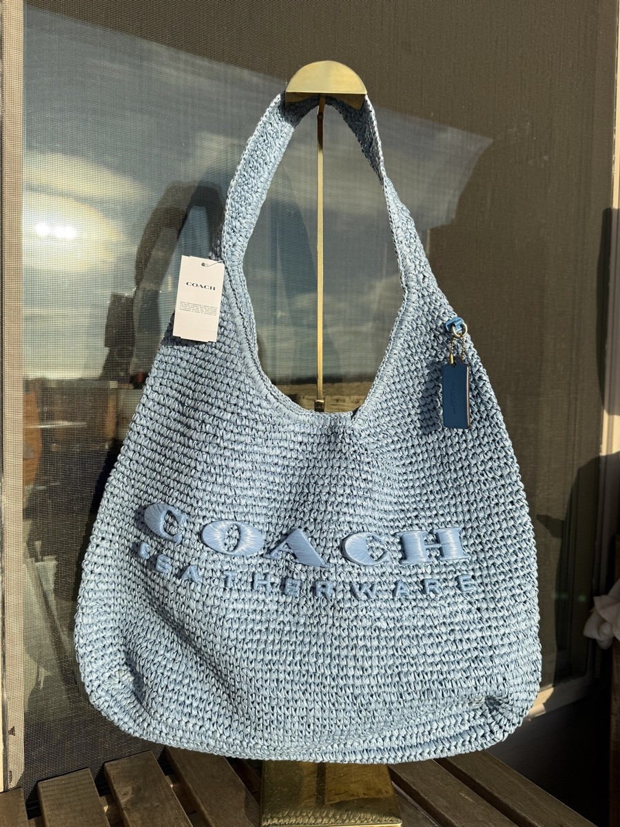 NWT RARE COACH Brooklyn 39 large hobo shoulder Bag Blue Straw