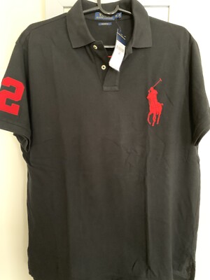 Men Polo Ralph Lauren Big Pony Polo Shirt Black Red #2 On Back