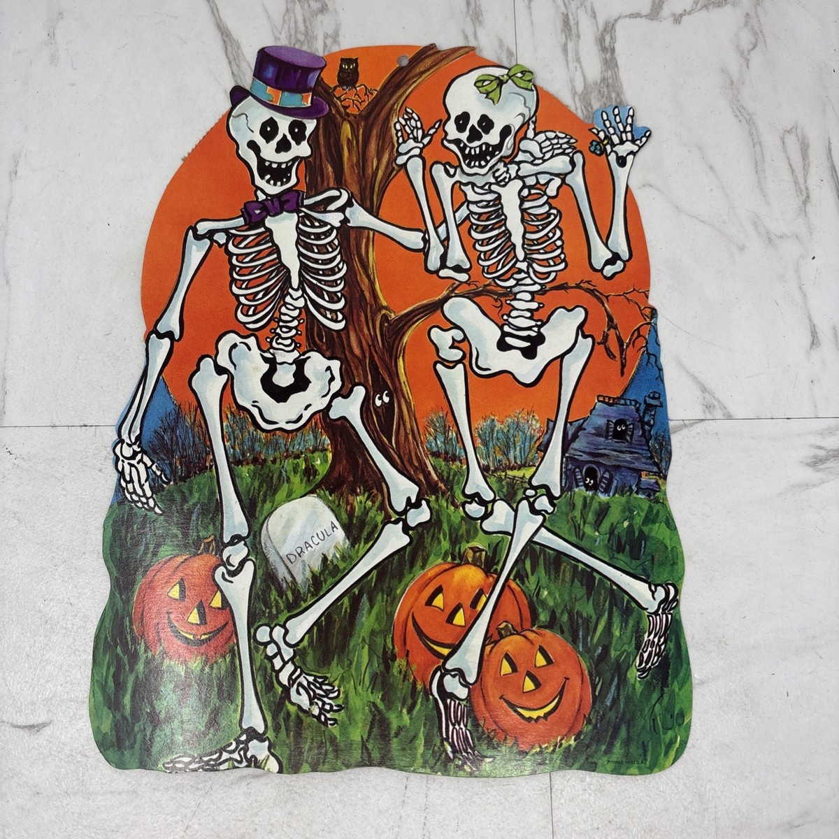 Vintage Halloween DieCut Cardboard Skeletons In Graveyard Dracula