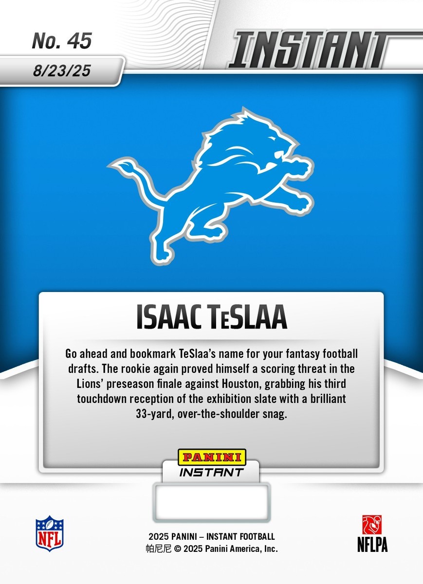 2025 Panini Instant NFL Isaac TeSlaa ROOKIE CARD 1/423 SP Detroit