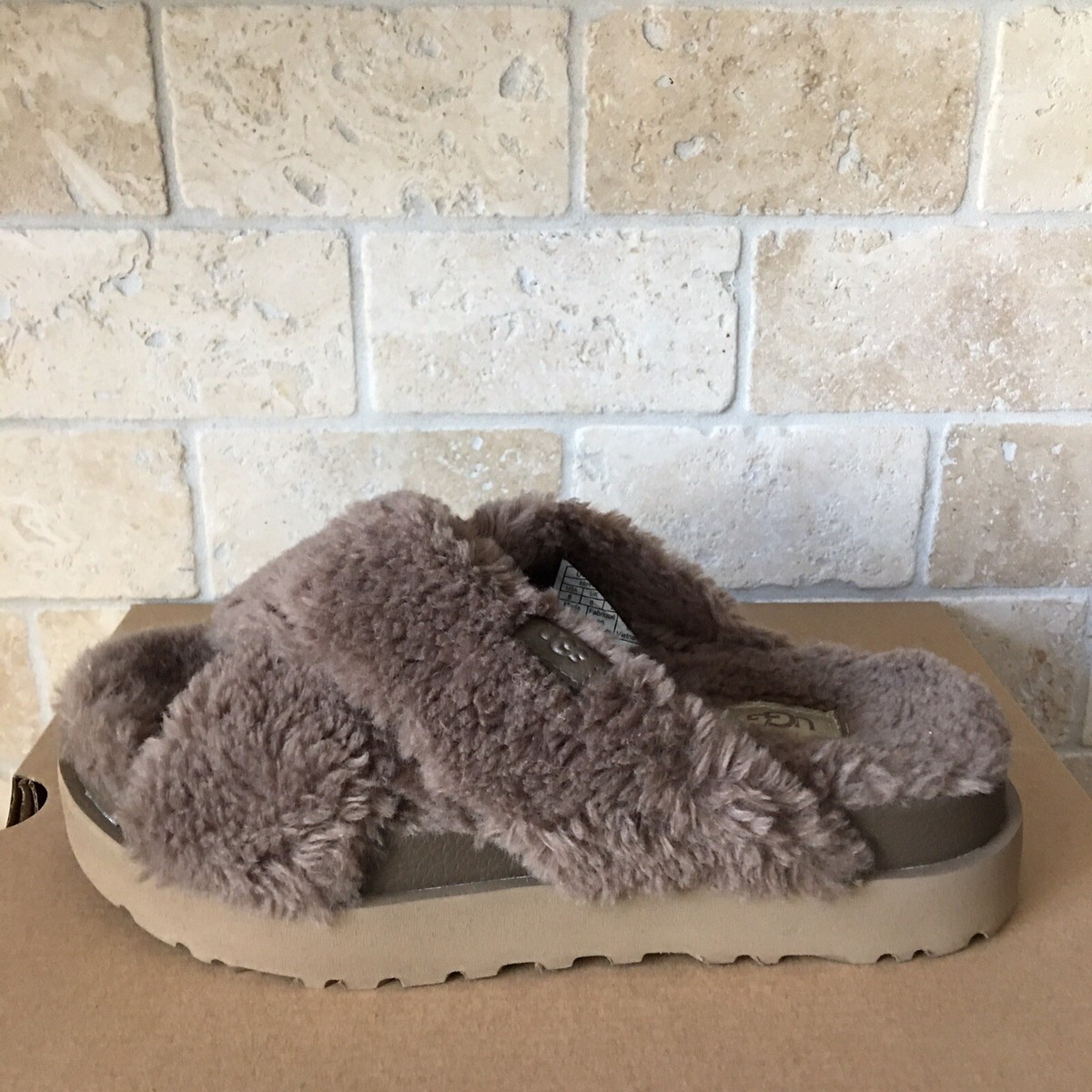 UGG HICKORY FUZZ SUGAR CROSS SLIDE WOOL / FAUX FUR SLIPPERS