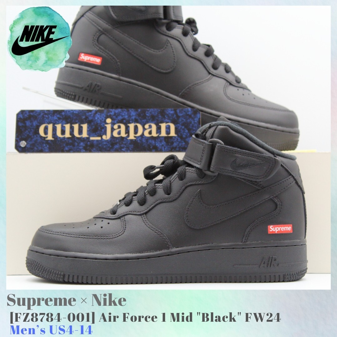 Supreme × Nike Air Force 1 Mid Black FW24 FZ8784-001 Men's US4-14