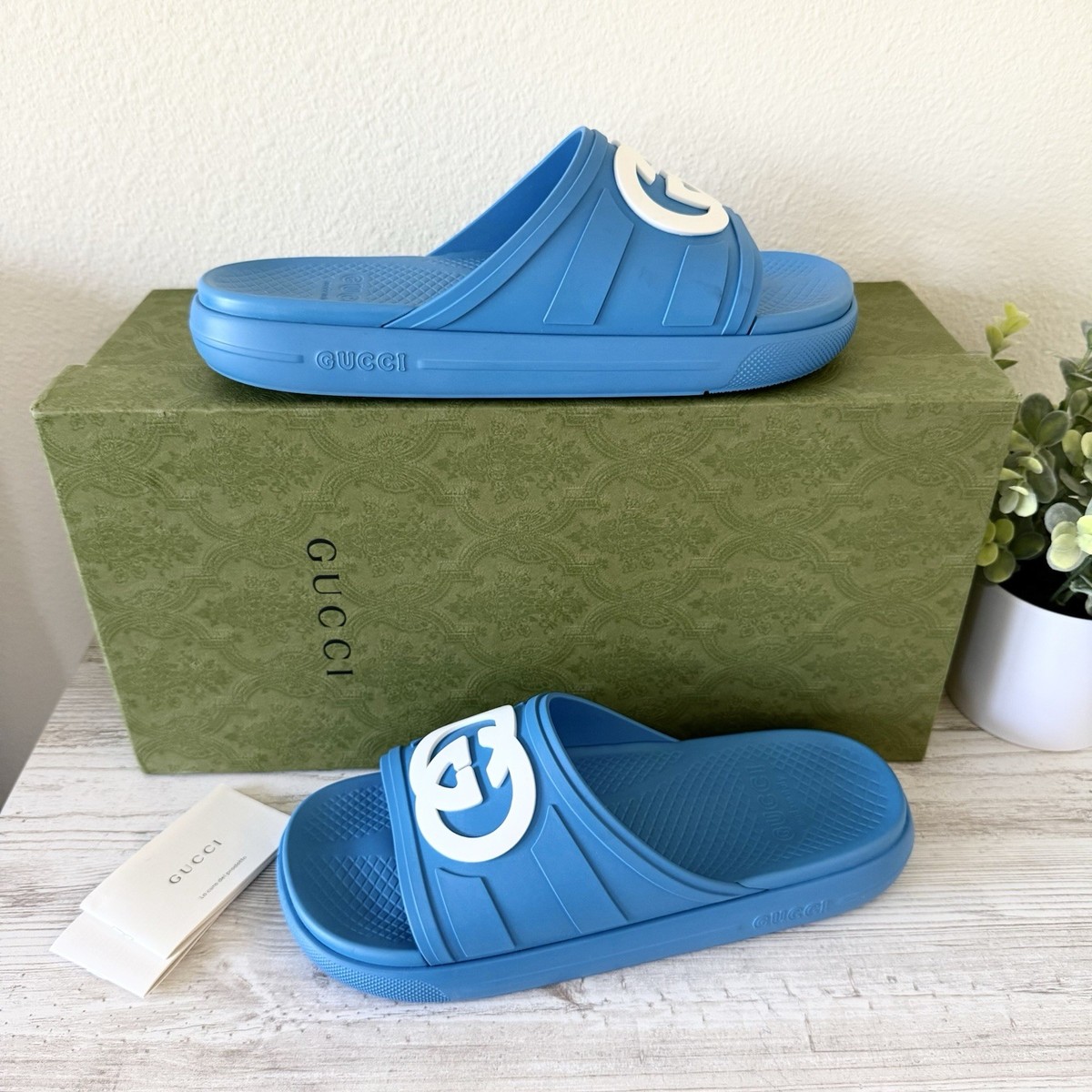 New Gucci Interlocking G Super Blue Rubber Pool Slides men size 8