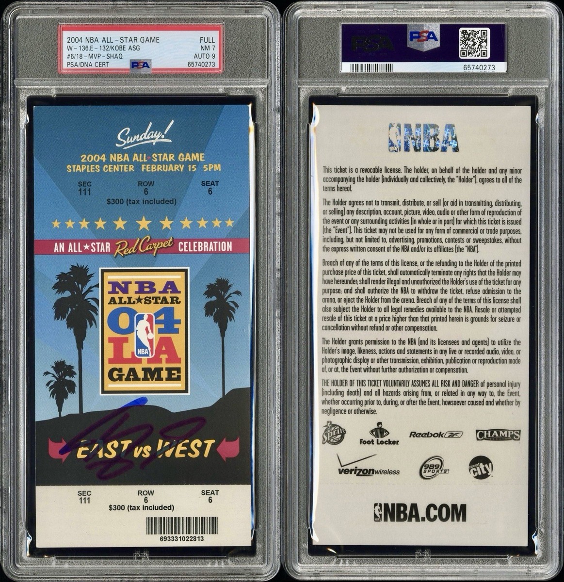 2004 NBA ALL-STAR GAME FULL TICKET MVP-SHAQ(AUTO)/KOBE BRYANT ASG