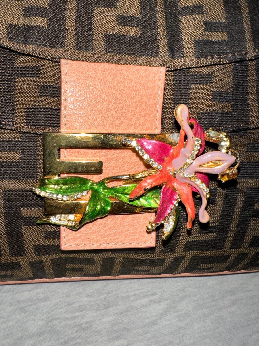 NEW FENDI ZUCCA BAGUETTE ENAMEL FLOWER ORCHID BAG PURSE LIMITED