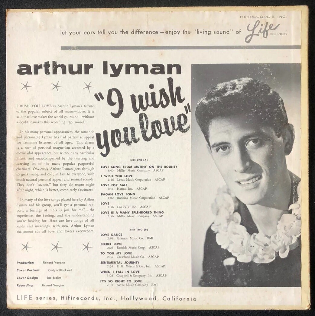 ARTHUR LYMAN I Wish You Love Album LP 1963 1st L 1009 Hawaiian