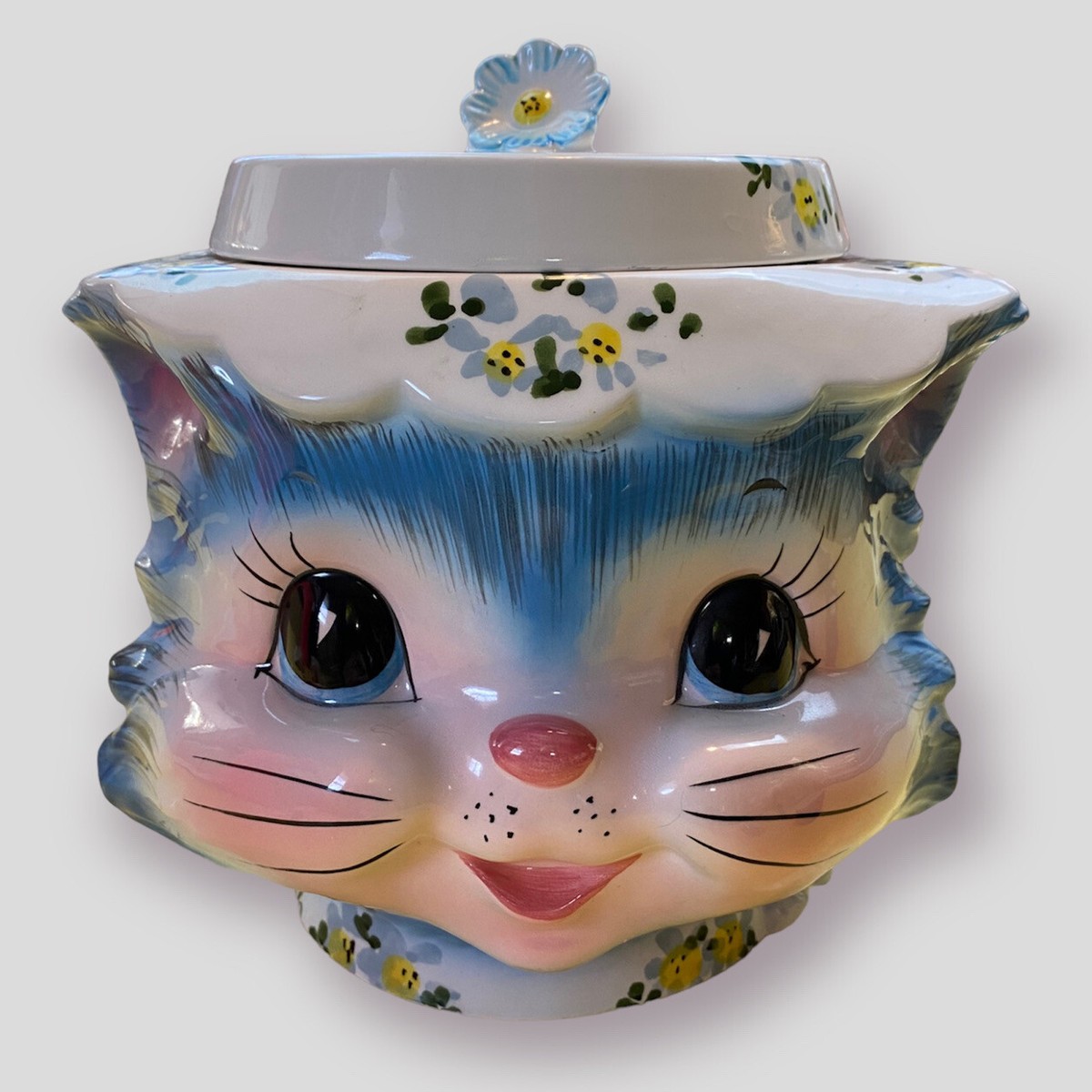 Vintage Lefton Blue Kitty Cat Miss Priss Ceramic Cookie Jar Japan