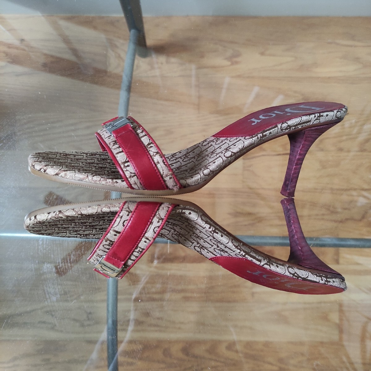 Vintage Dior Monogram Gold Logo Plate Slide Heeled Sandals women's