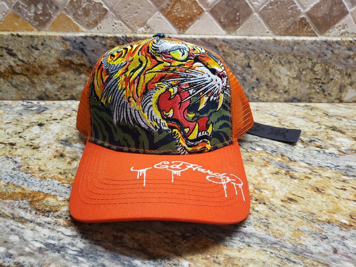 Ed Hardy Trucker Hat Men's Roar Tiger Orange Mesh Snapback One