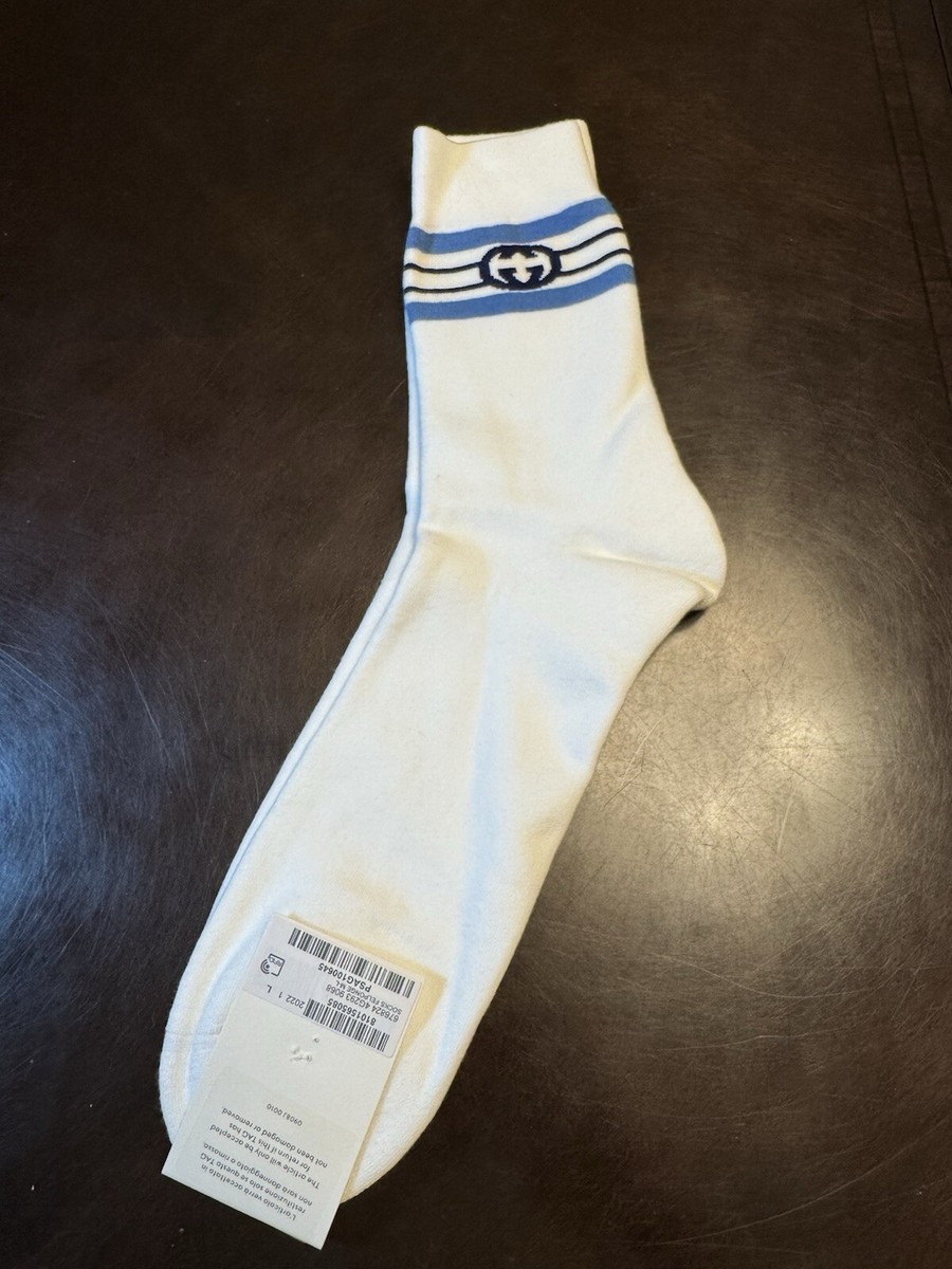 New Authentic Gucci GG Logo Socks White Blue Size L | eBay