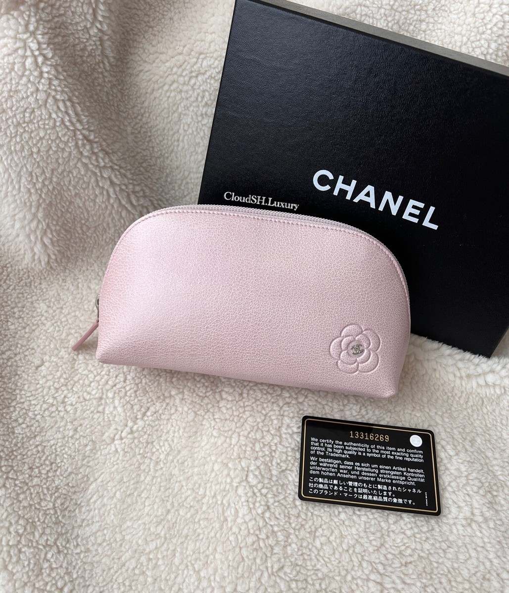 Chanel Pink Camellia Mini CC Logo Cosmetic Pouch w/ Silver