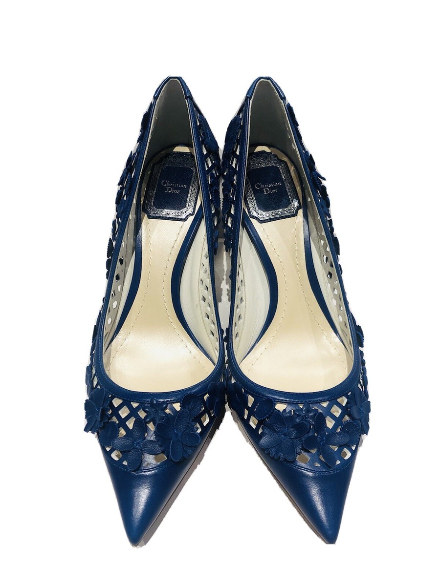 DIOR Floral Day Blue Appliqué Leather Flower Perforated Heels