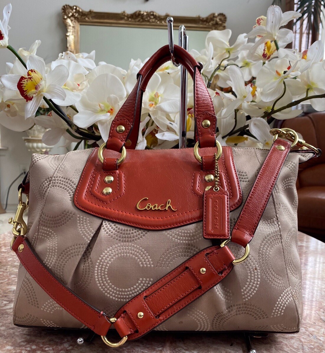 Coach Ashley Dotted Op Art Beige Orange Carryall Satchel F20027