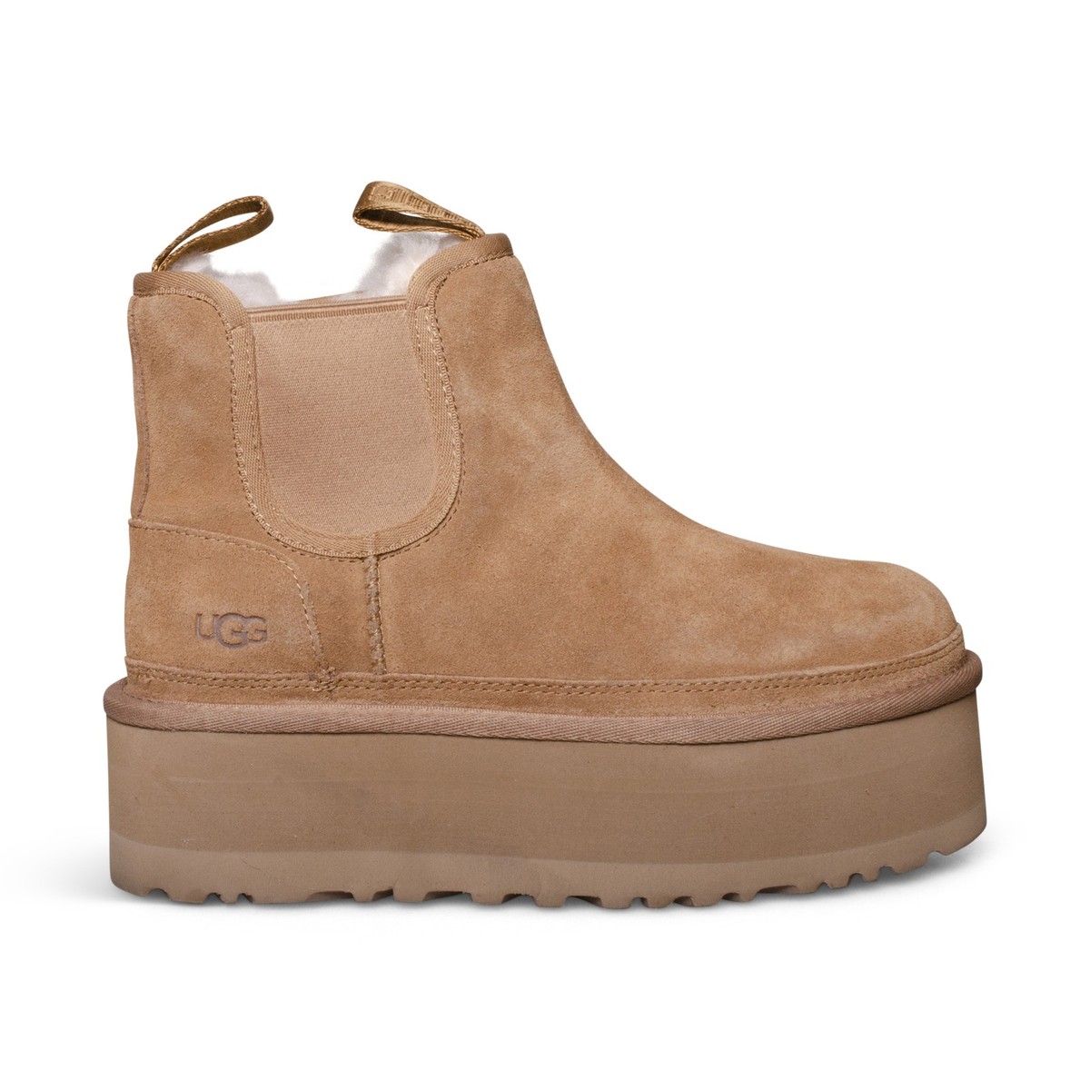 UGG NEUMEL PLATFORM CHELSEA CHESTNUT SUEDE SHEARLING WOMEN'S BOOTS