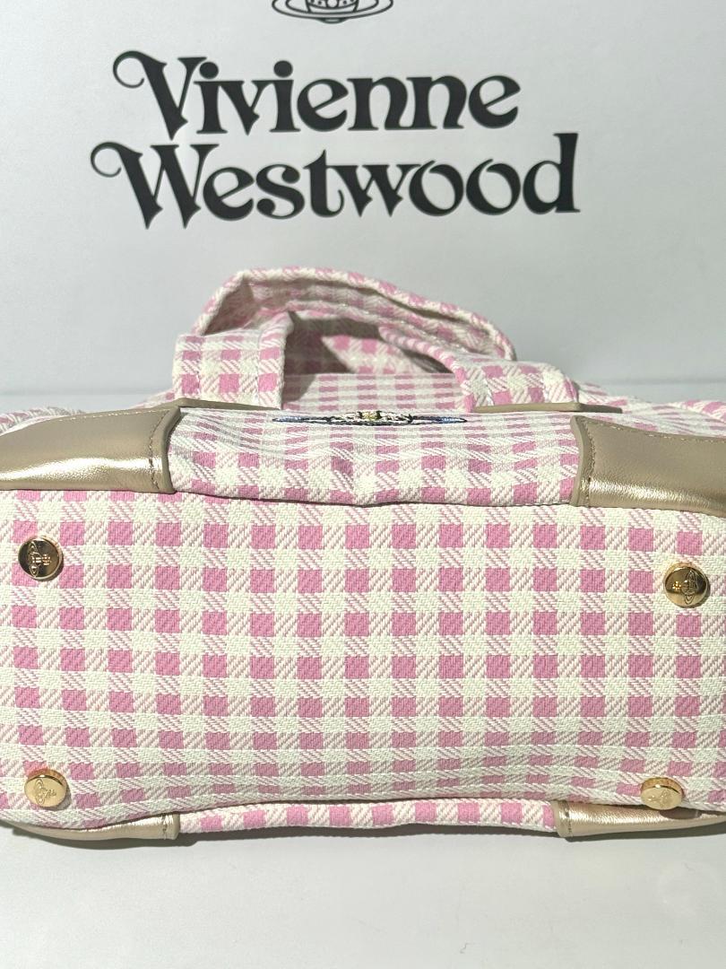 Vivienne Westwood Tote Bag Pink Check Canvas Leather Fabric W22cm