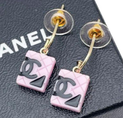 CHANEL Black CC Logos Pink Quilted Stud Earrings Gold Tone 05C