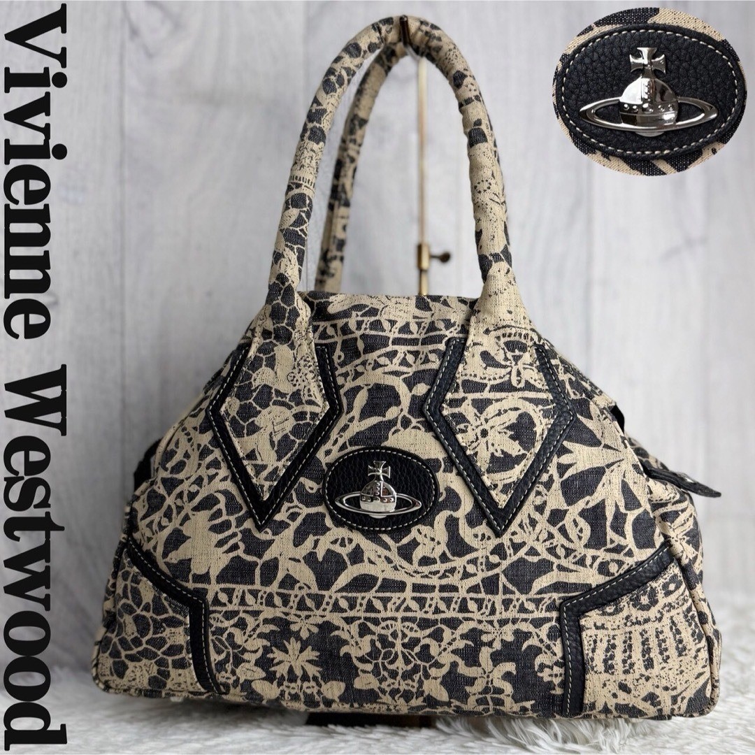 Vivienne Westwood Yasmin Shoulder Bag Lace Design Orb Beige Black