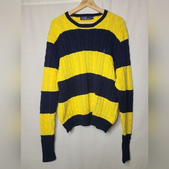 POLO RALPH LAUREN cable knit yellow and navy sweater Size XL