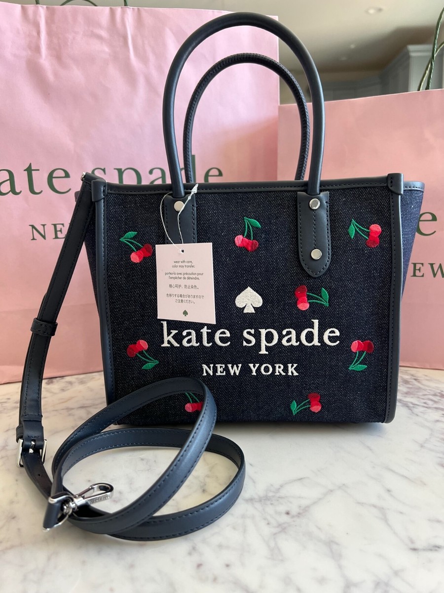 Kate Spade Ella Cherry Embroidered Denim Farbric Small Cherry Tote