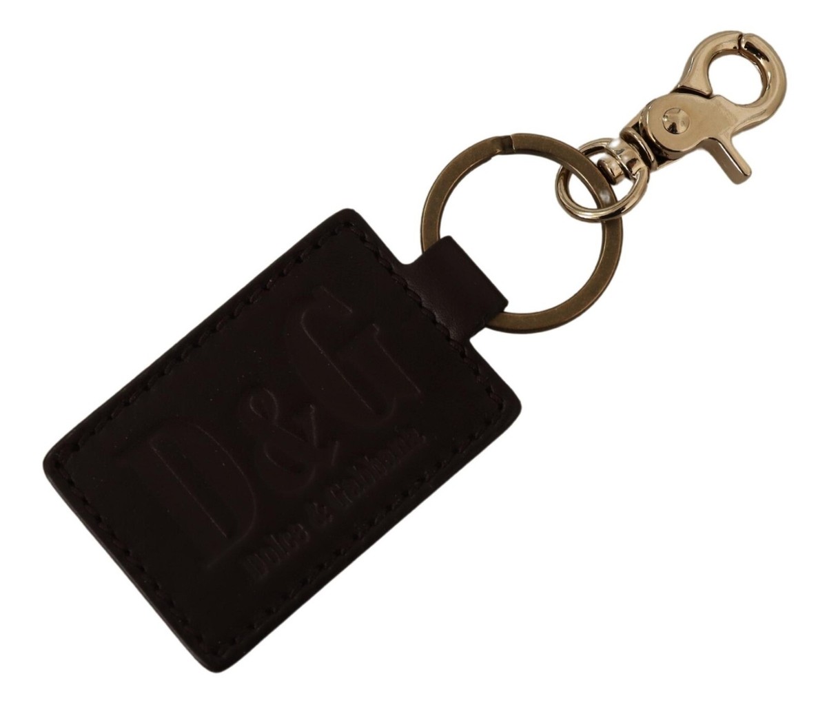 DOLCE & GABBANA Keychain D&G Brown Leather Logo Metal Ring Hook