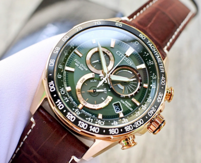 Citizen Eco-Drive PCAT Chrono Green Rose Gold Leather Men's Watch