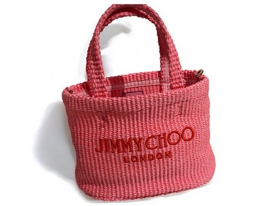 Jimmy Choo East West Raffia Beach Tote Fuchsia Pink Gold Logo