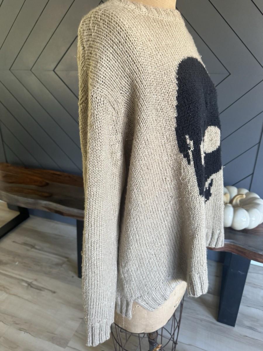 Wooden Ships Big Skull Chunky Crew Sweater Khaki & Black Sz Med