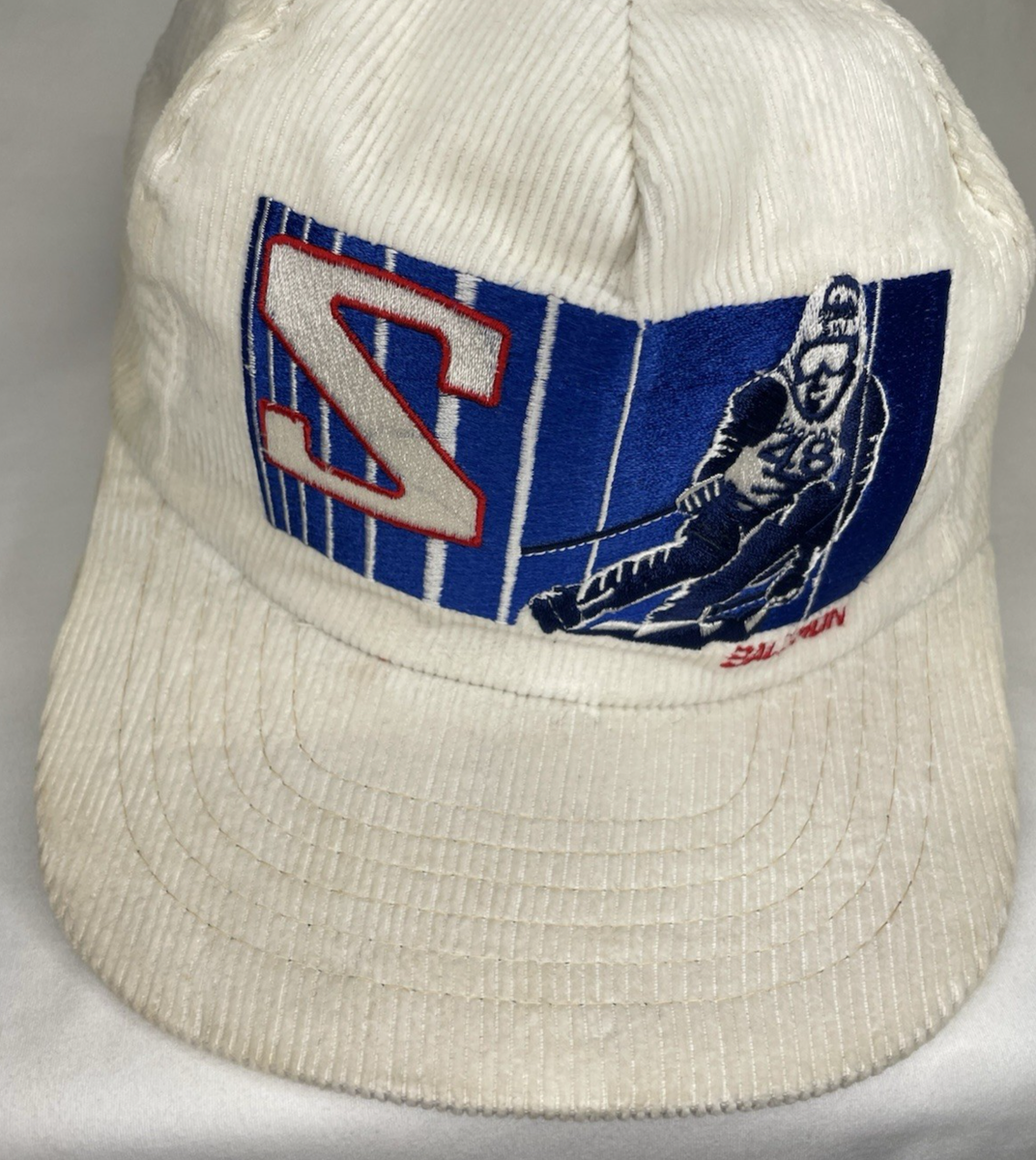 Vintage Salomon 90s Corduroy White Skiing Snap Back Cap Hat Rare