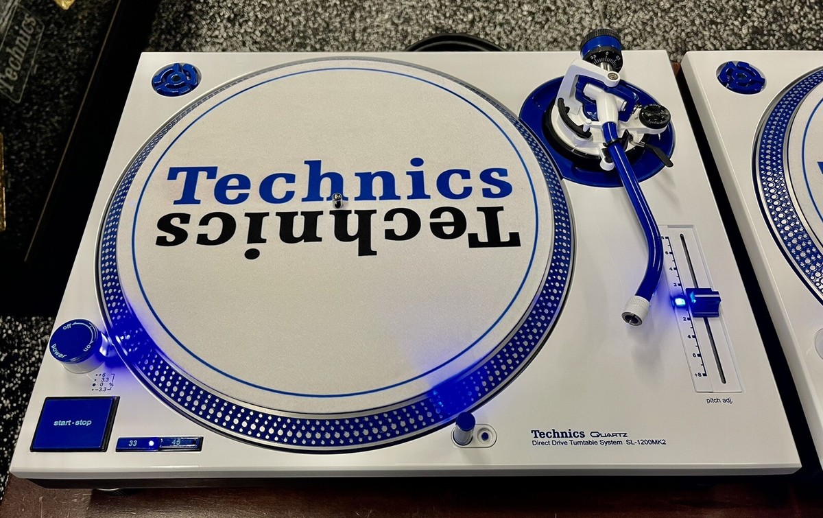 2 custom white powder coated Technics SL1200 mk2s with blue leds