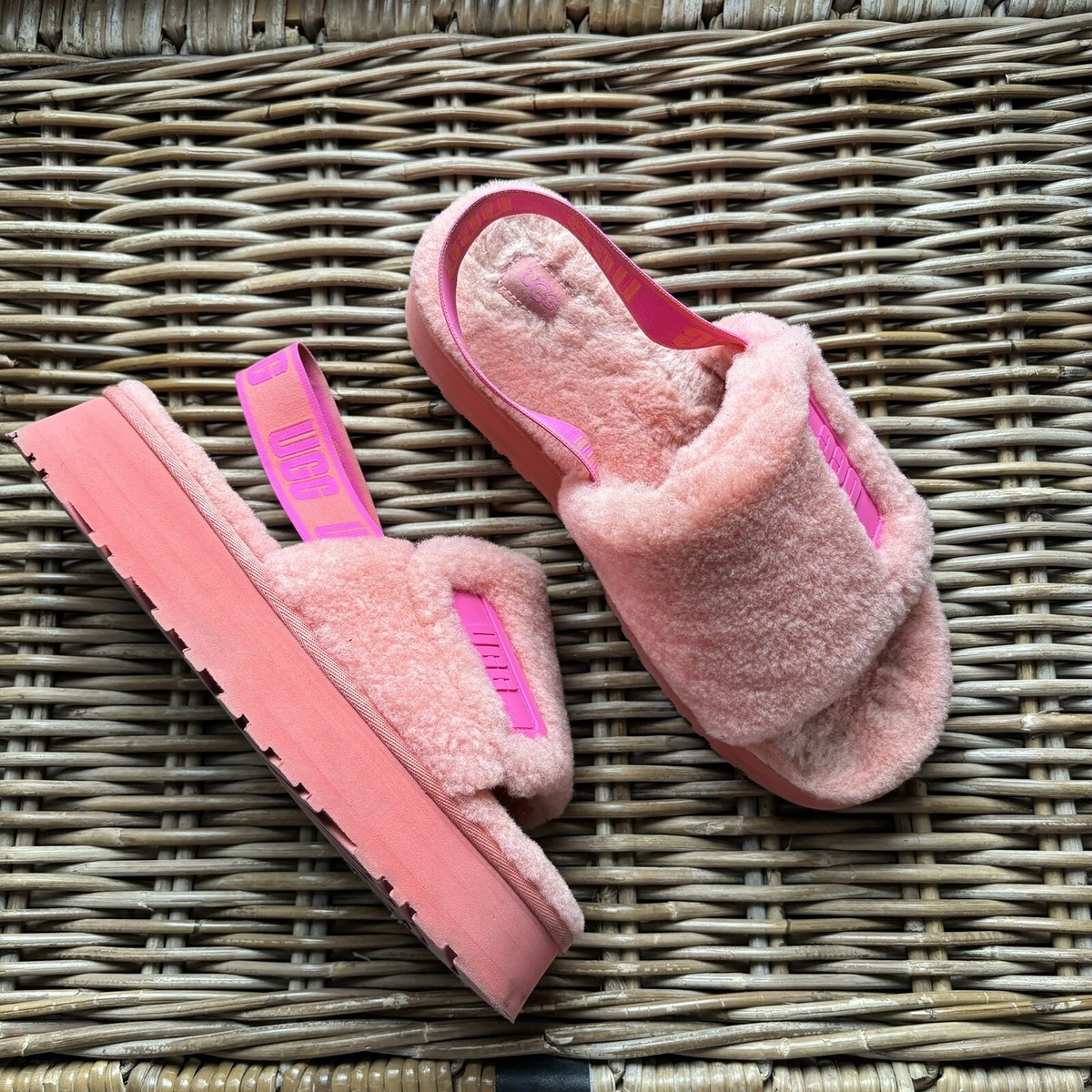 Ugg Disco Slide Sandal Size 11 Platform Sheepskin Pink Slippers