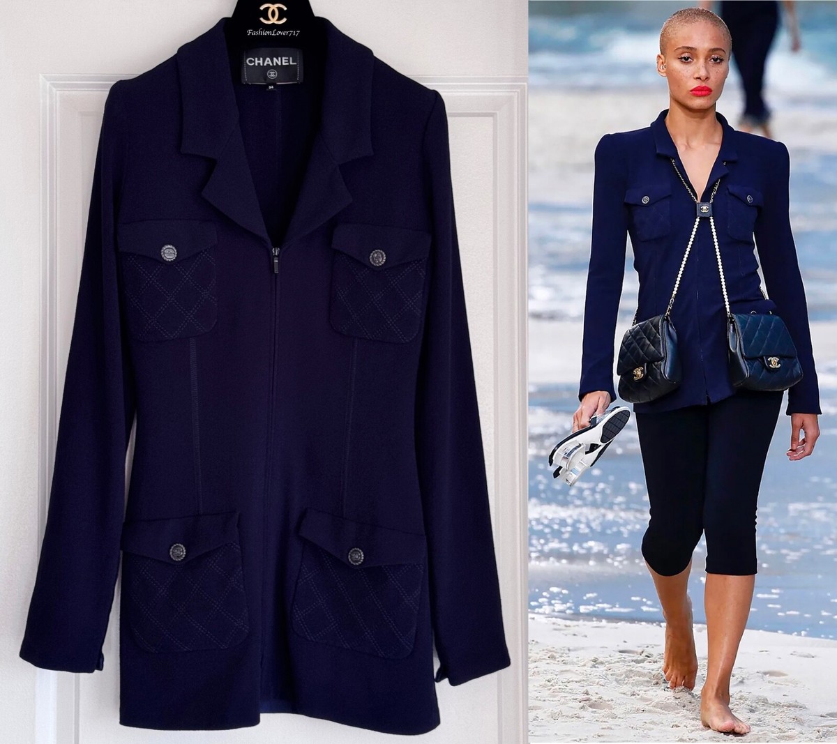 CHANEL 19S NAVY CC BUTTONS RUNWAY JACKET 34 XS | eBay