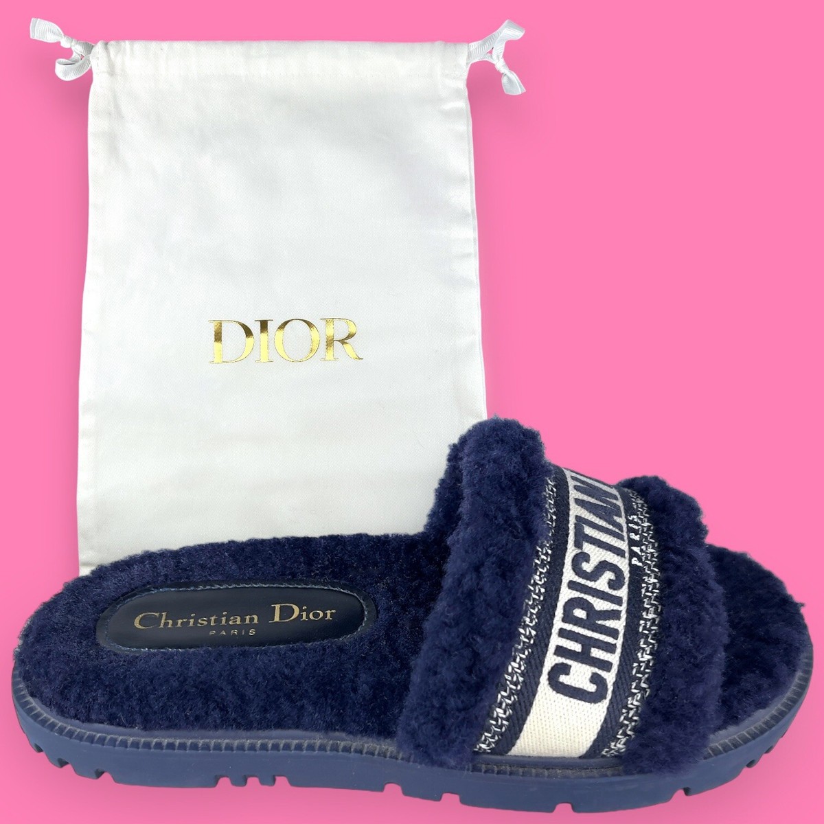 AUTHENTIC Christian Dior Dway Shearling Fur Deep Blue Slides