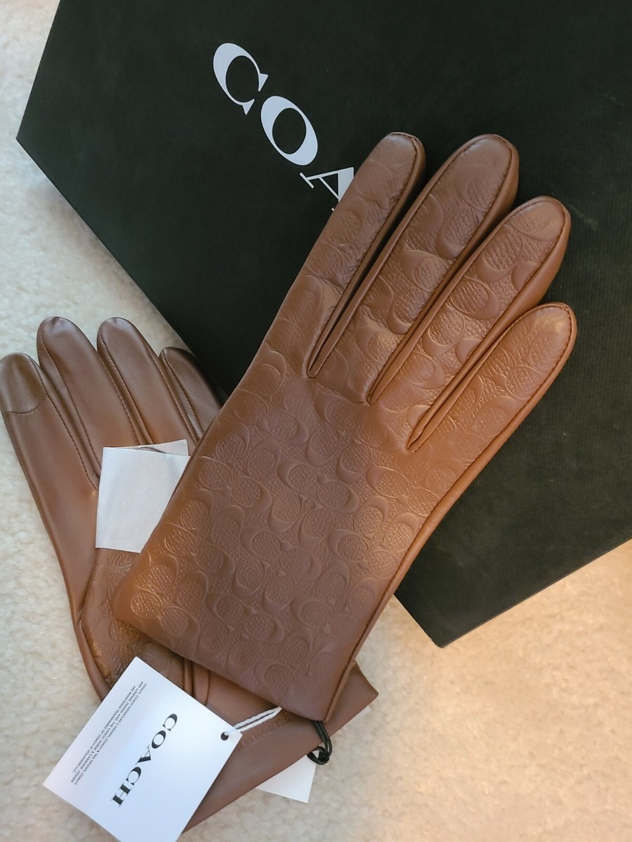 $189 New COACH Logo Limited Edition Brown Leather Wool Men Gloves