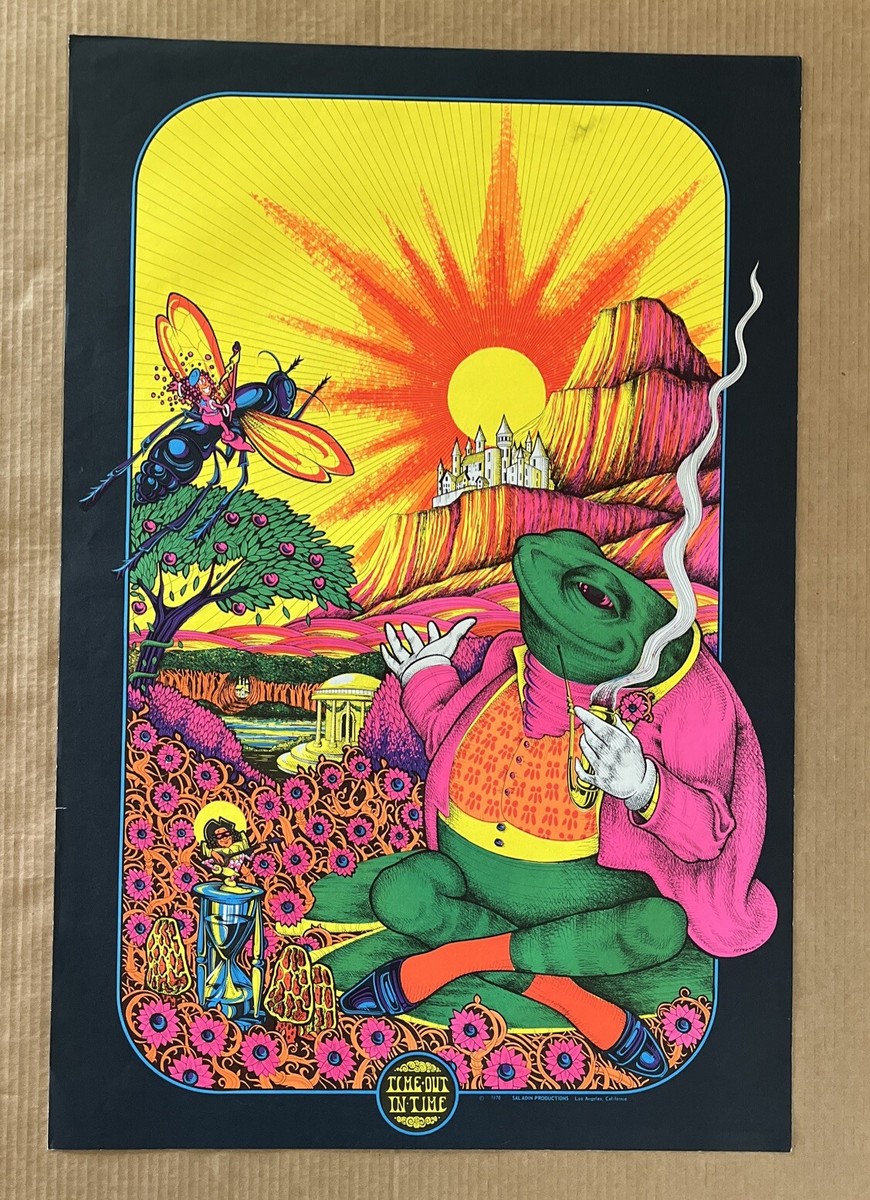 Vintage Original 1970 Time Out In Time Blacklight Poster 70s Frog