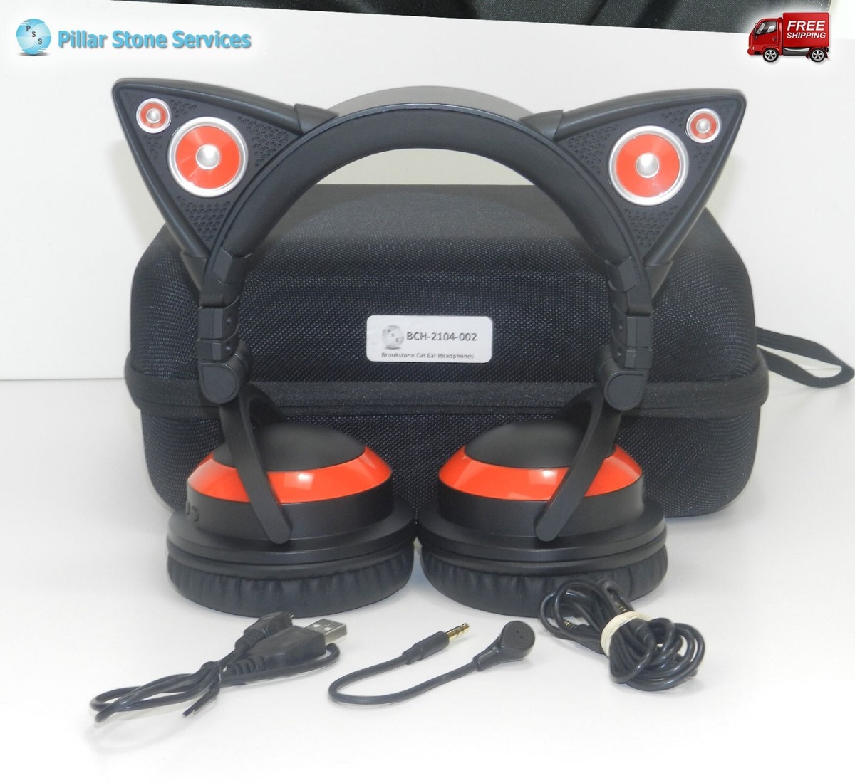 Brookstone Wired Cat Ear Headphones Speakers w/cables, Mic w/Case