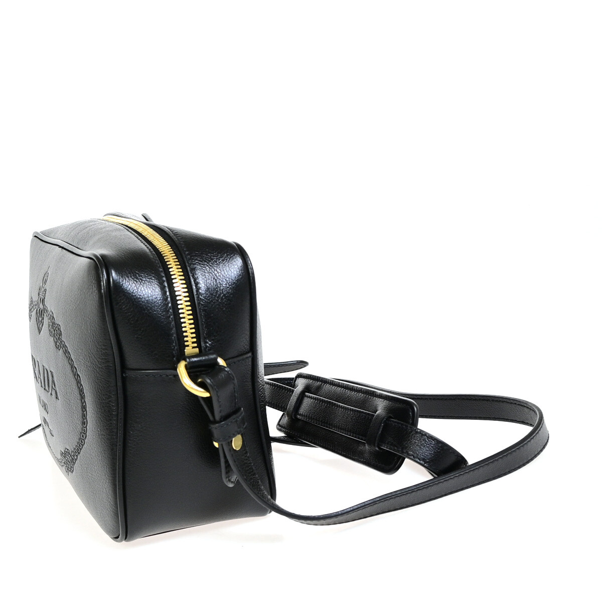 PRADA MILANO Embossed Logo Crossbody Shoulder Bag Leather Black