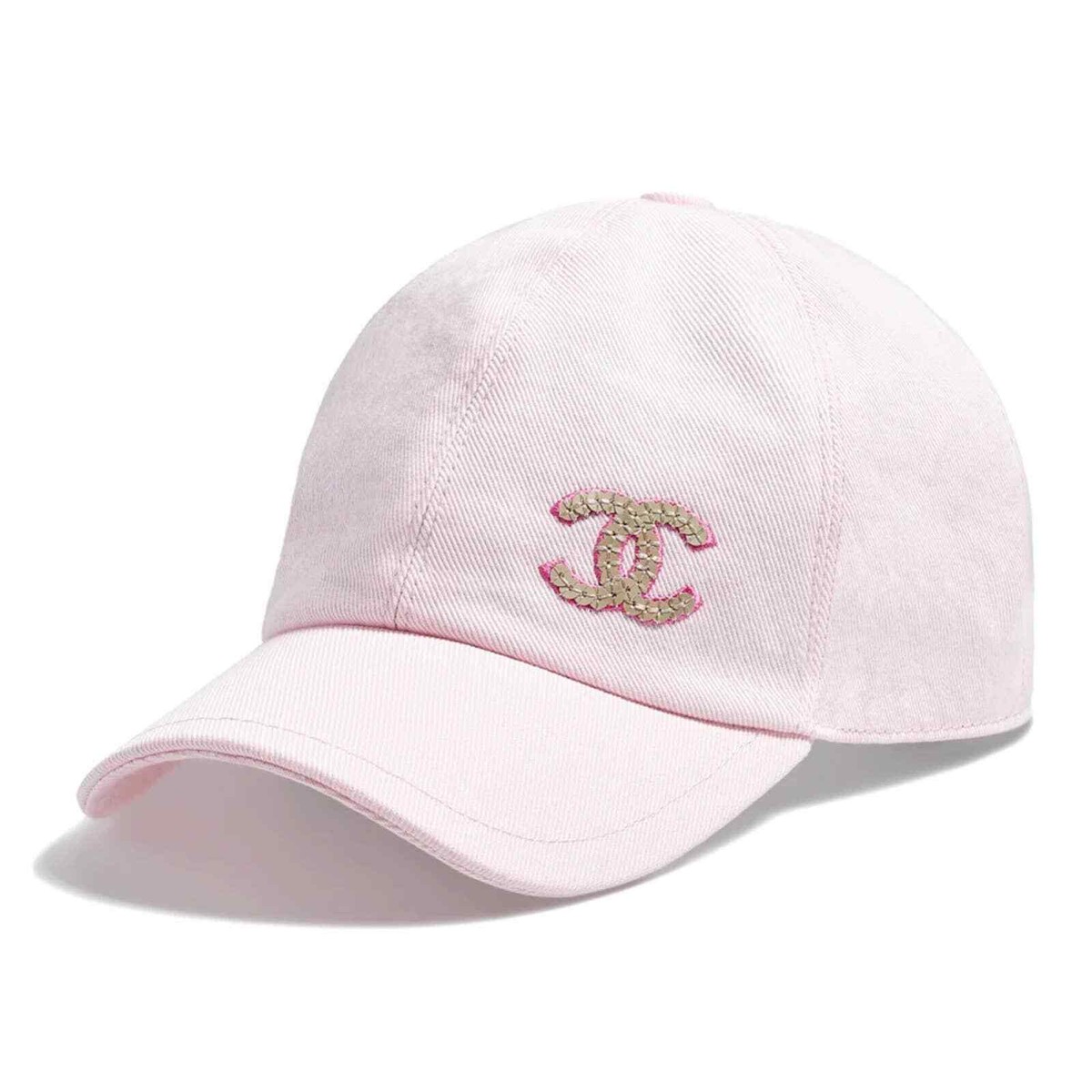 Chanel 22P Light Pink Denim Gold Sequin CC Logo Baseball Cap