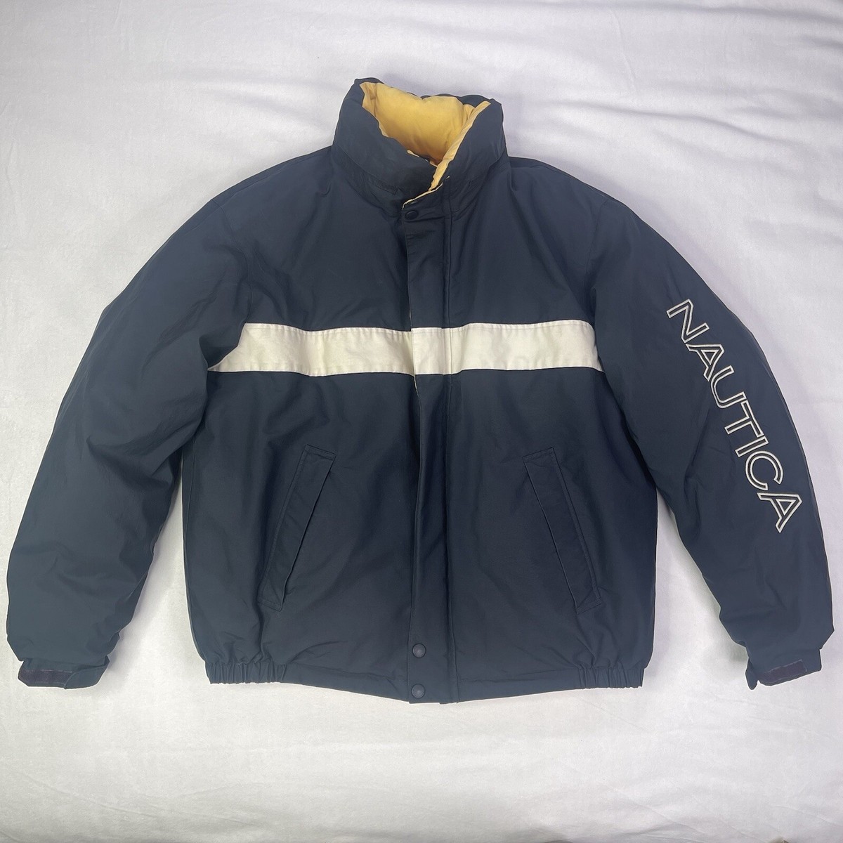 Vintage Nautica Men 2XL Reversible Down Puffer Coat Yellow Blue