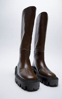 Zara Dark Brown Flat Real Leather Track Sole Knee High Boots UK8