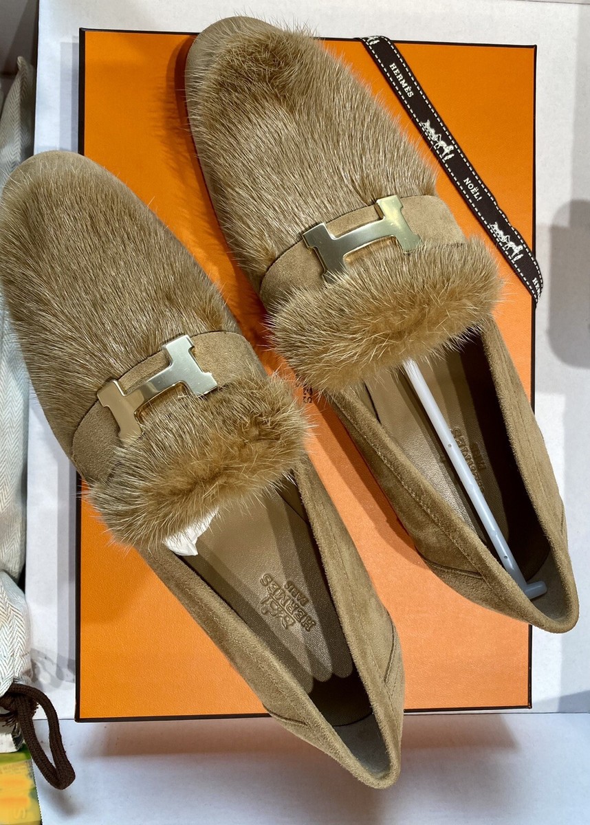 Hermes Loafers Mink Fur Suede Goatskin Paris Brown Gold Hardwear