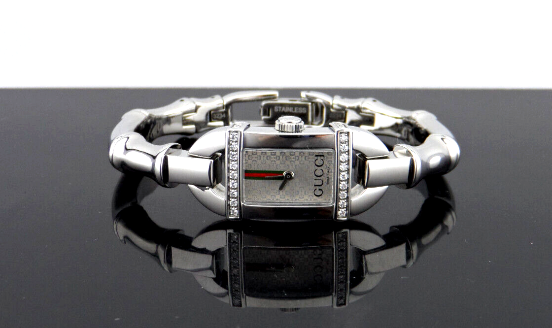 GUCCI 6800L Series Patterned Silver Tone Dial Diamond Bamboo Band
