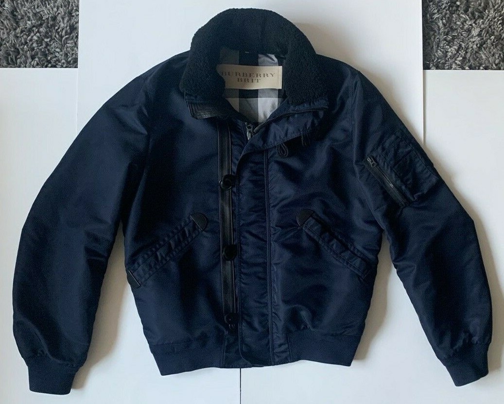 Mens Burberry Brit Navy Bomber Jkt w/leather trim & shearling
