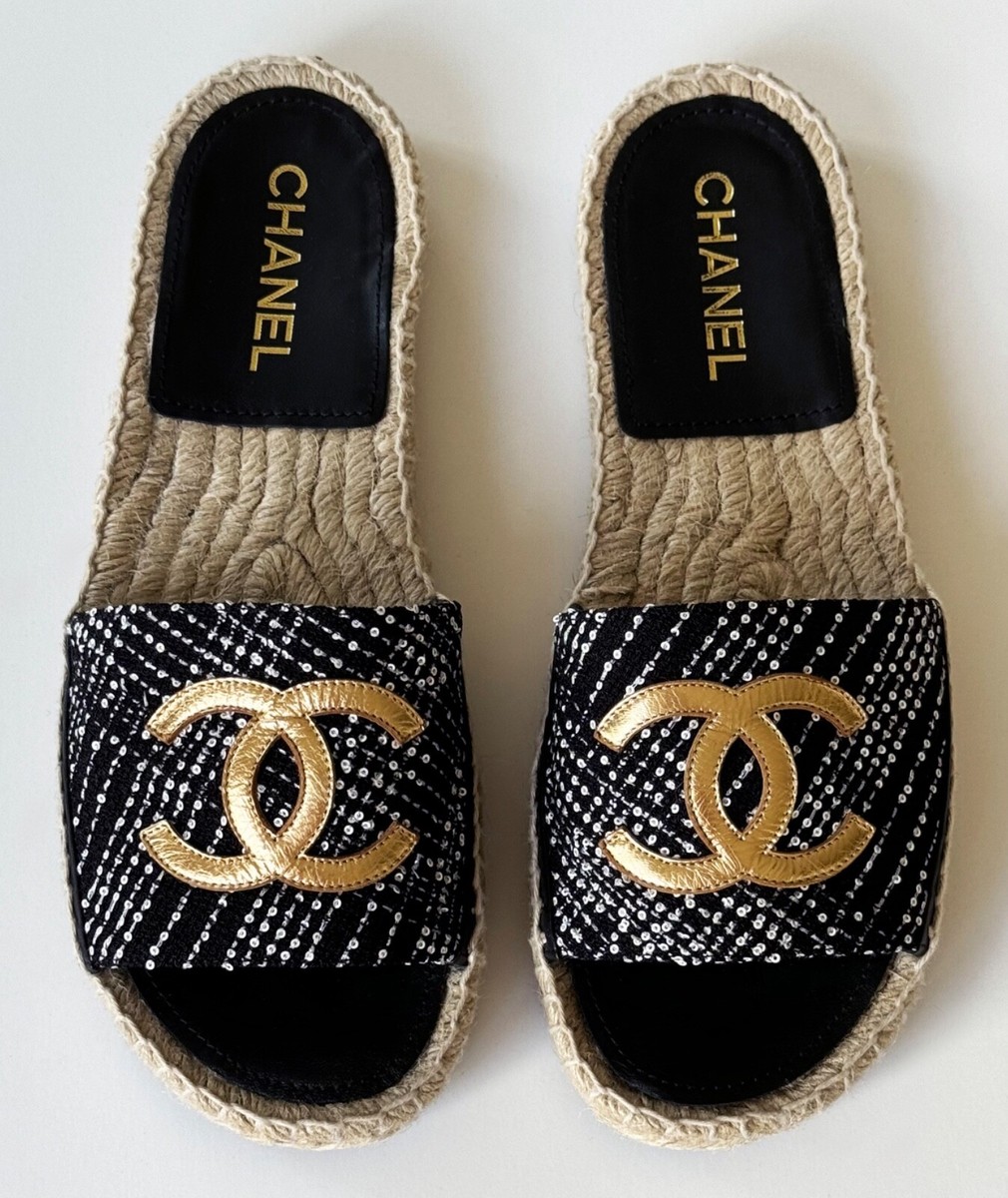 NEW 24P CHANEL BLACK WHITE GOLD TWEED LEATHER SLIDES FLATS MULES