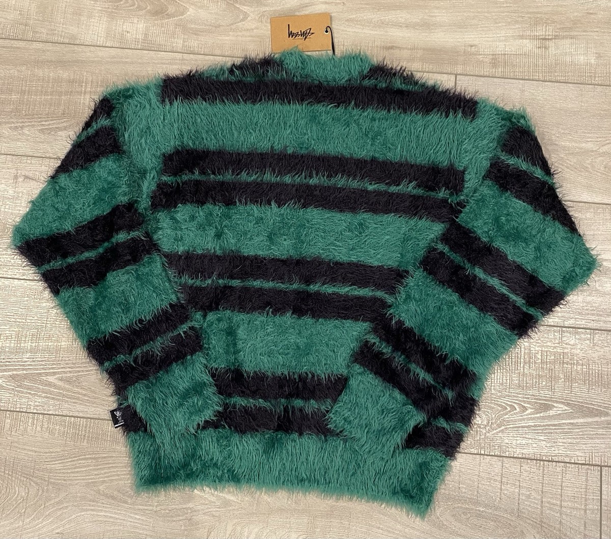 Stussy Men's Hairy Stripe Crew Sweater Black/Green Size Small NWT