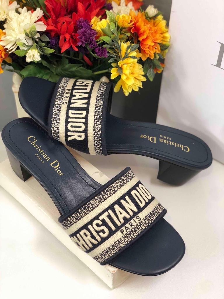 CHRISTIAN DIOR Dway Deep Blue Embroidered Cotton Heeled Slides