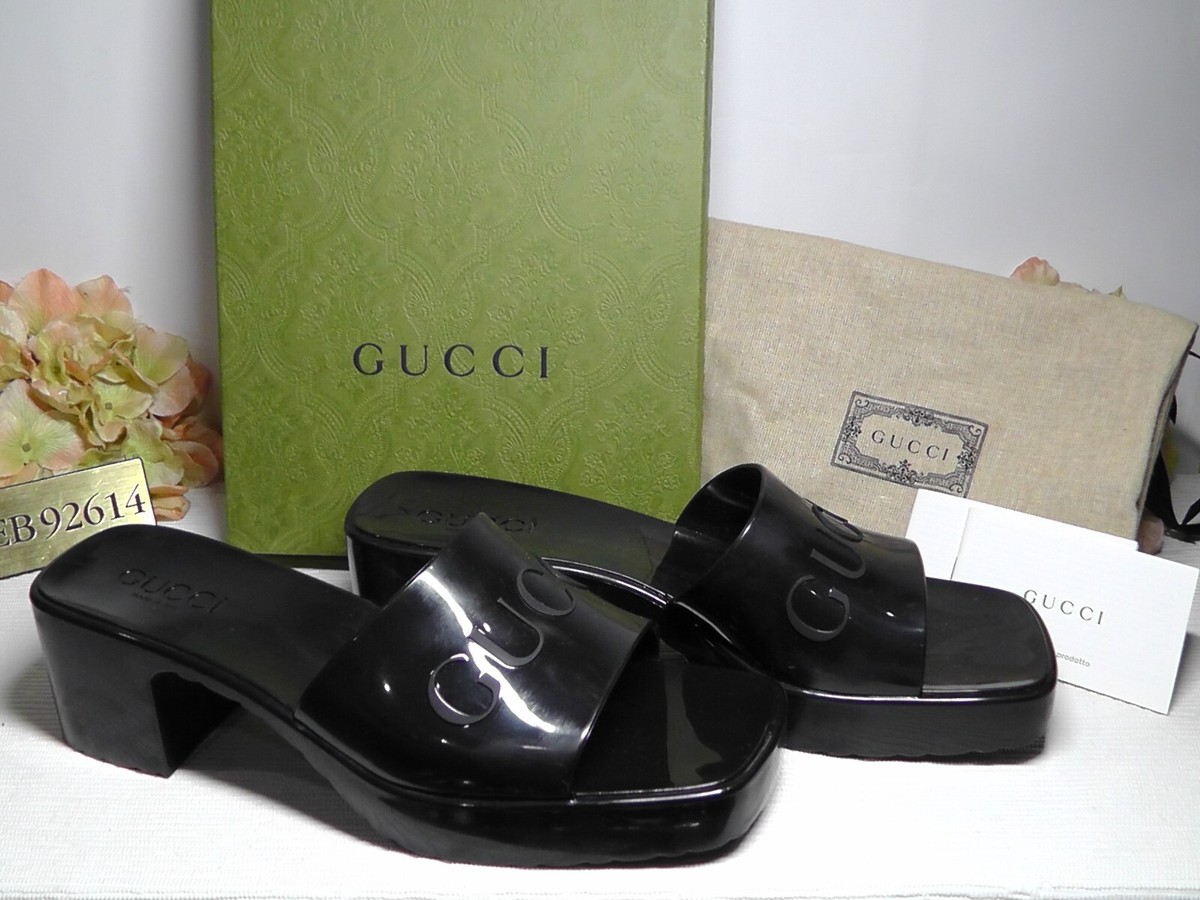 GUCCI BLACK Rubber Logo Platform Block Heel Slide Sandal Size 9US