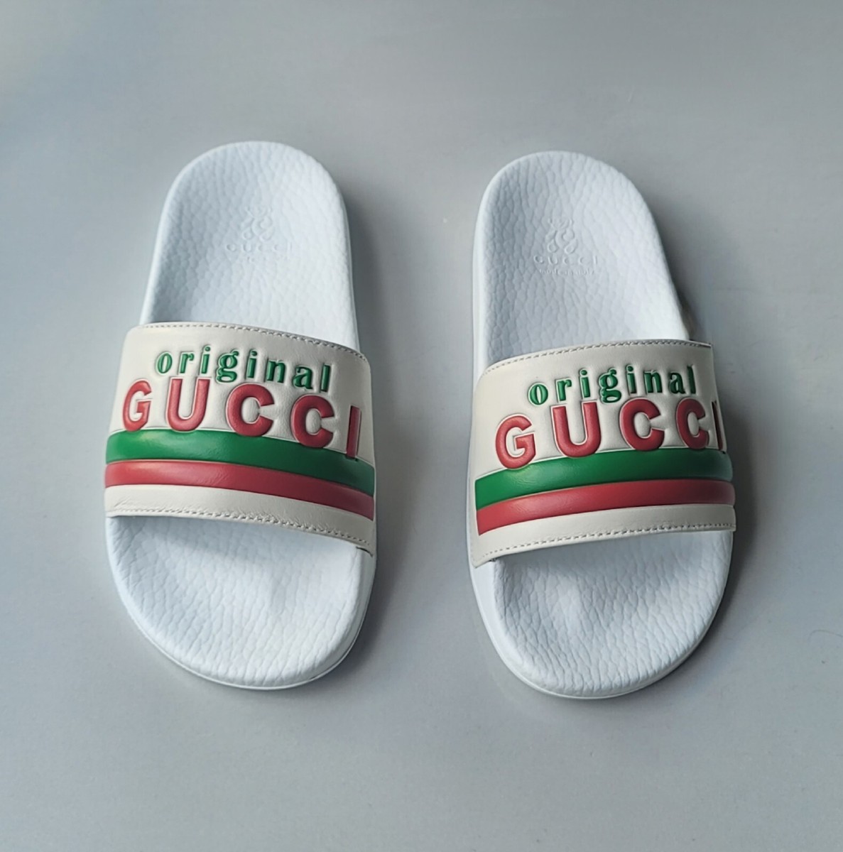 Gucci Kids White Green Red Stripe Original Logo Slides Shoes Size