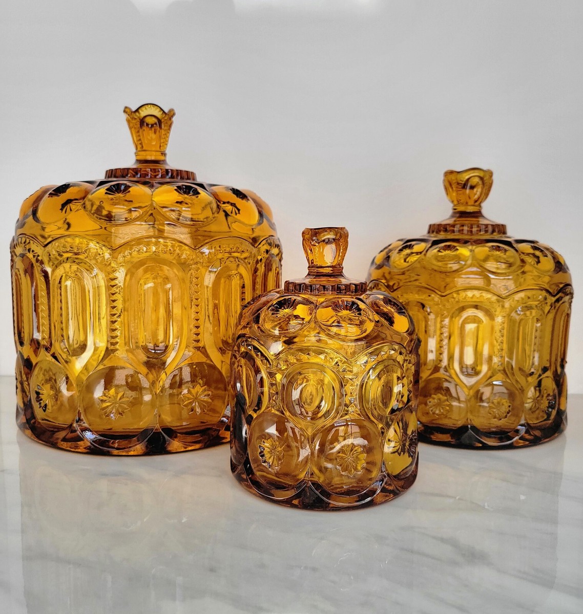 Vintage L.E Smith Glass Amber Moon & Star Jardiniere Set Excellent