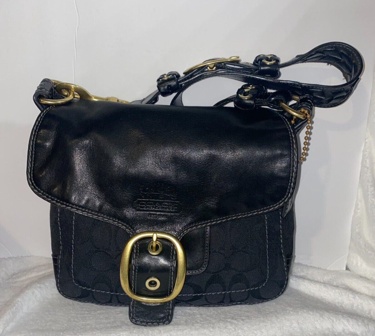 Coach Black Bleeker Signature Logo Canvas Leather Flap Strap