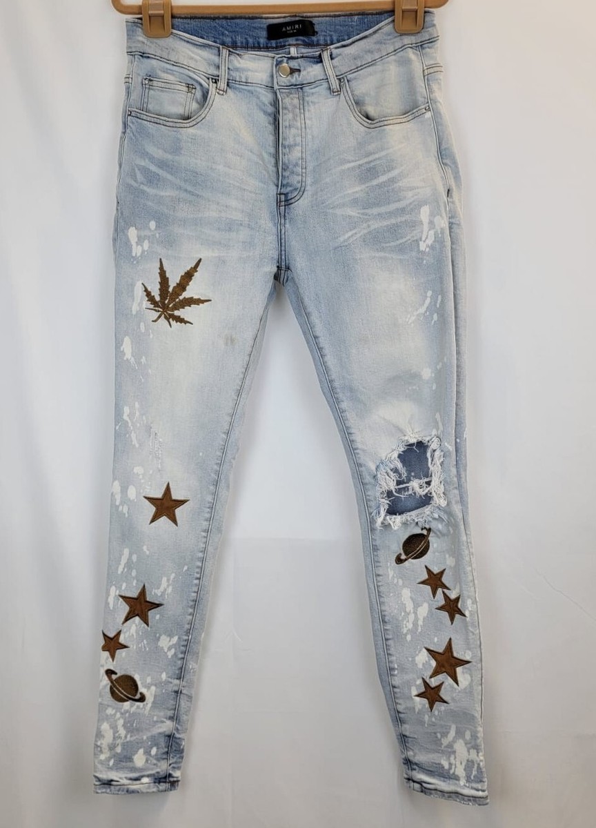 Amiri Men's Jeans Embroidery Stretch Ripped Skinny Denim Space